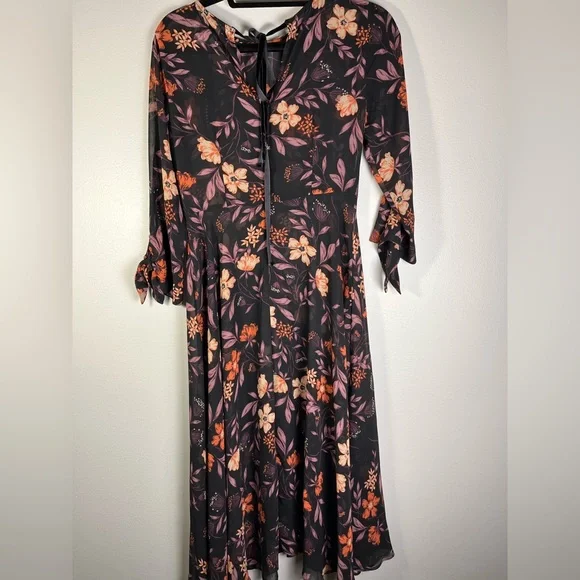 I. Madeline Black Floral Dress Fit Flare Sheer Size Medium Garden Cottage NWT - Picture 4 of 5